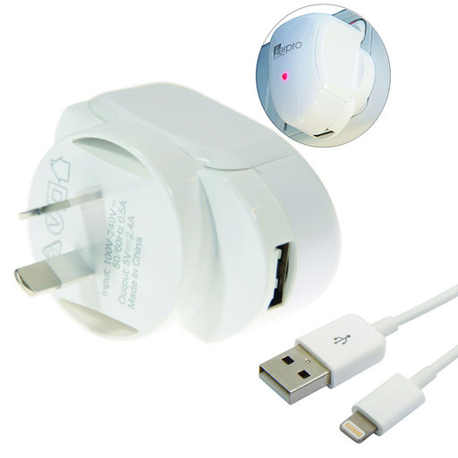 USB AC CHARGER WITH LIGHTNING CABLE 2.4A MFI