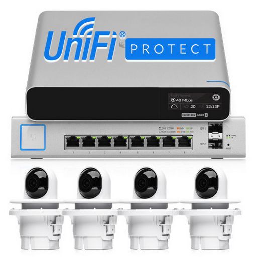 Ubiquiti Unifi Video Bundle – UniFi Cloud Key Plus / UniFi Switch PoE 8 (150W) / 4x G3 FLEX Cameras with Ceiling Mounts Security Bundle