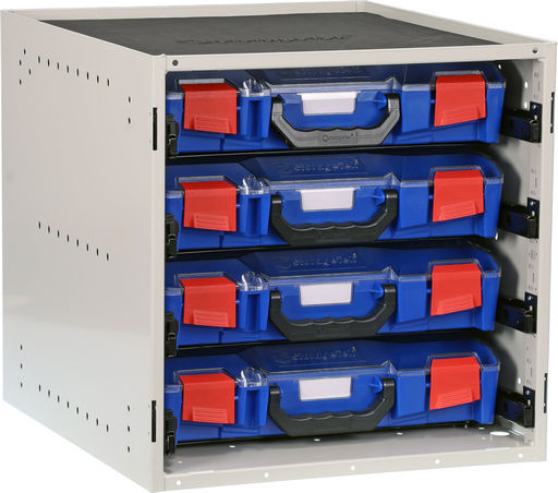 STORAGETEK CABINET WITH 4 SMALL ABS CASES
